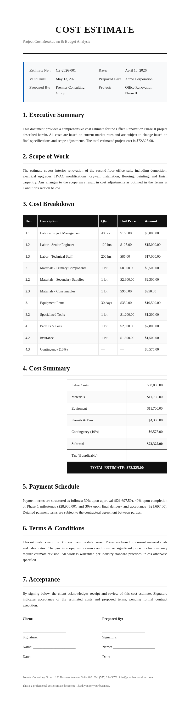 Classic professional cost estimate